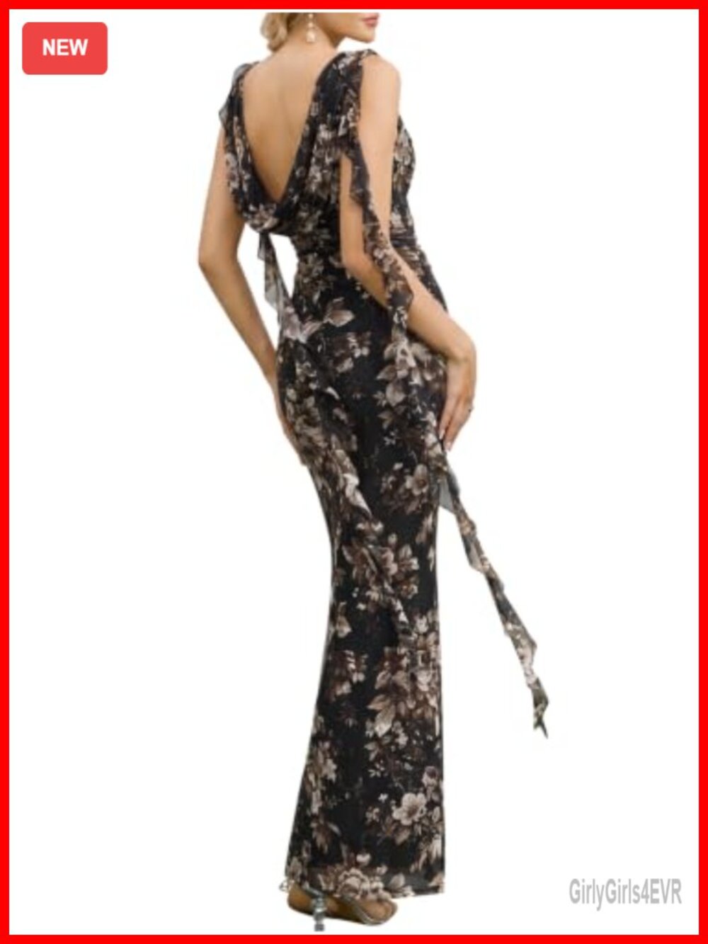 Floral Ruffle Bodycon Maxi Dress Backless Sleeveless Formal Cocktail Wedding